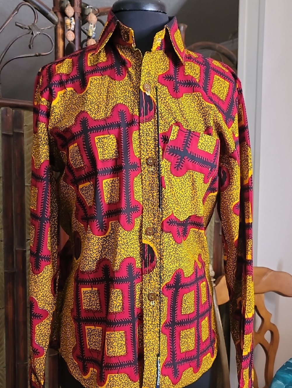Women's Yellow and Pink Button-Down Casual  Ankara Print Shirt